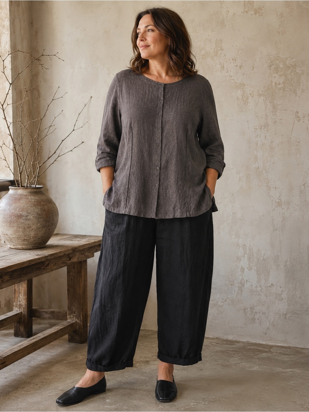 Eileen Fisher XL Dark Brown Gray Button Front Linen Blend Top Blouse Minimalist